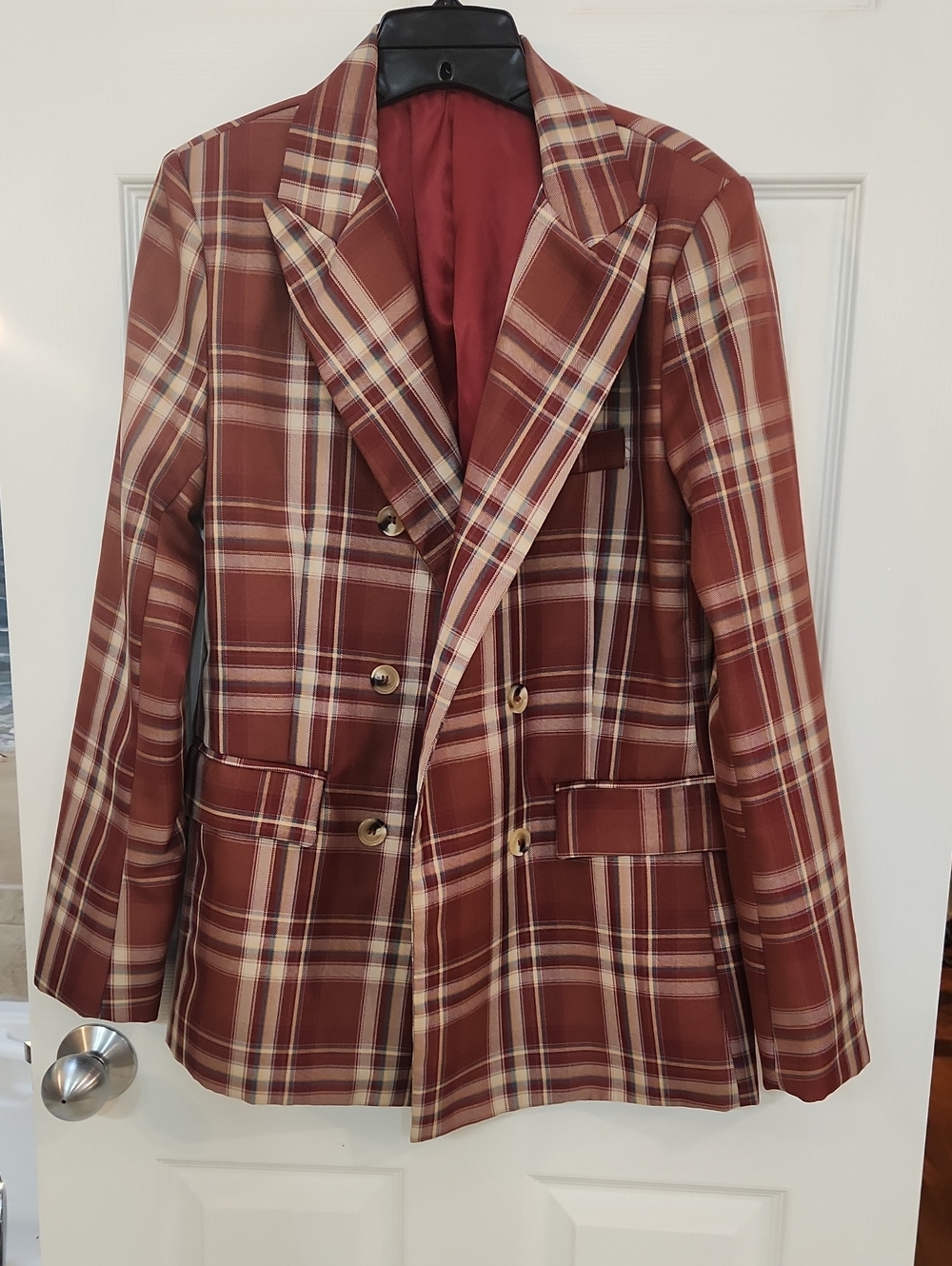 Double-Breasted Plaid Blazer in Rust Never Worn